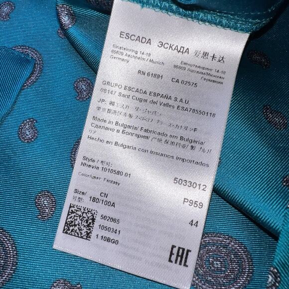 ESCADA Shirt EU Size 44 Turquoise Blue Paisley Circles Silk Blouse Top VINTAGE - Picture 12 of 15